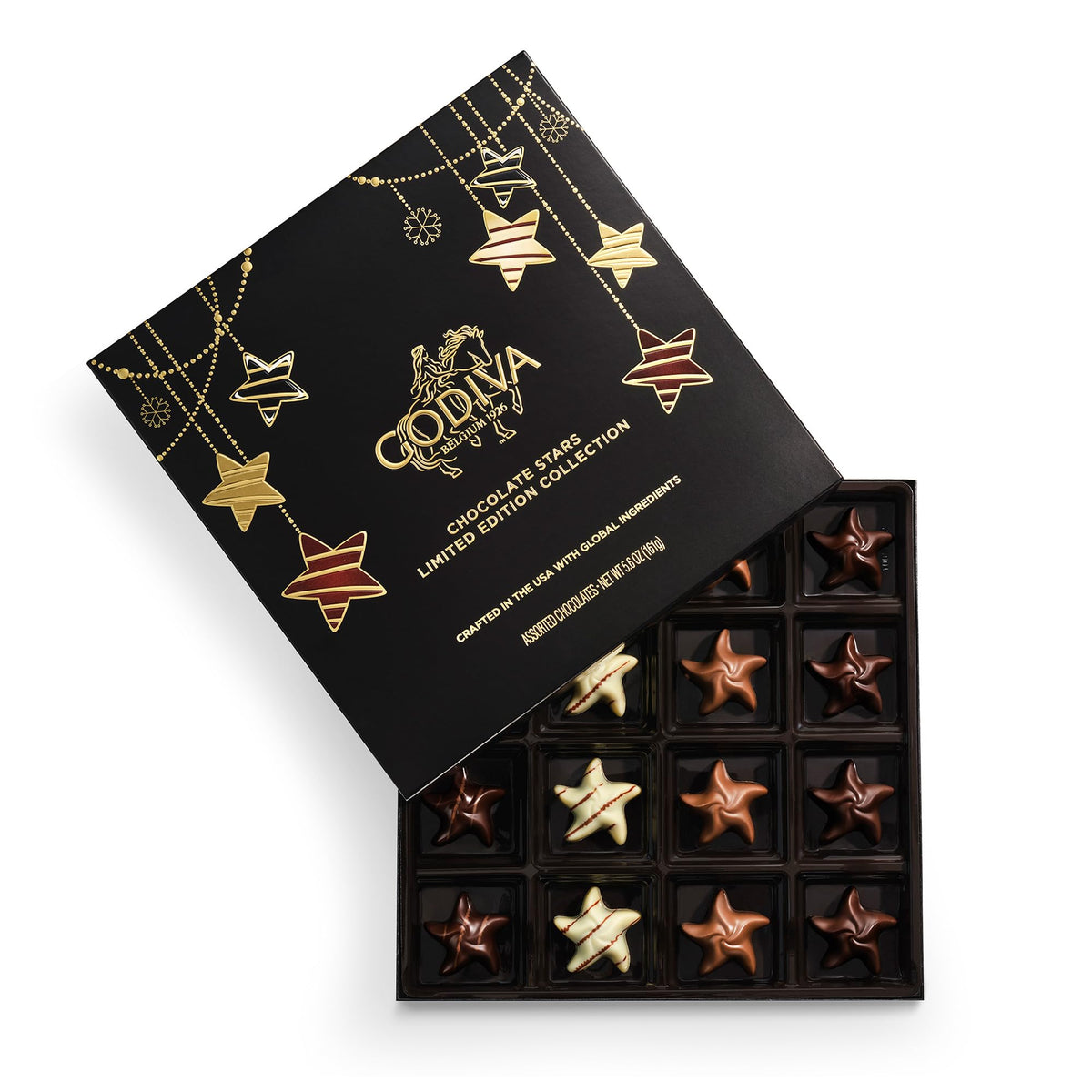 Godiva White Chocolate Raspberry Star, a classic with a bright raspberry center for celebrations.