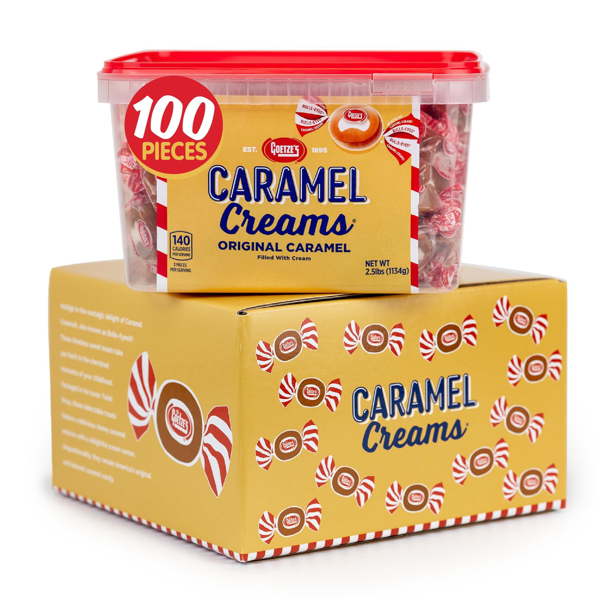 Goetze's Caramel Creams tub—fresh from the factory, ideal for sharing.