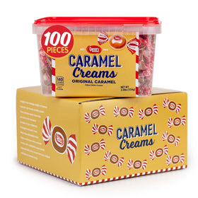 Goetze's Caramel Creams tub—fresh from the factory, ideal for sharing.