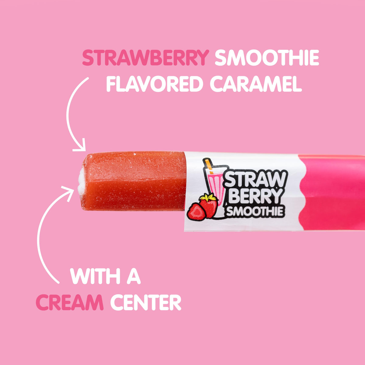Goetze's Strawberry Smoothie Cow Tales candy on display highlights shareable snack appeal.