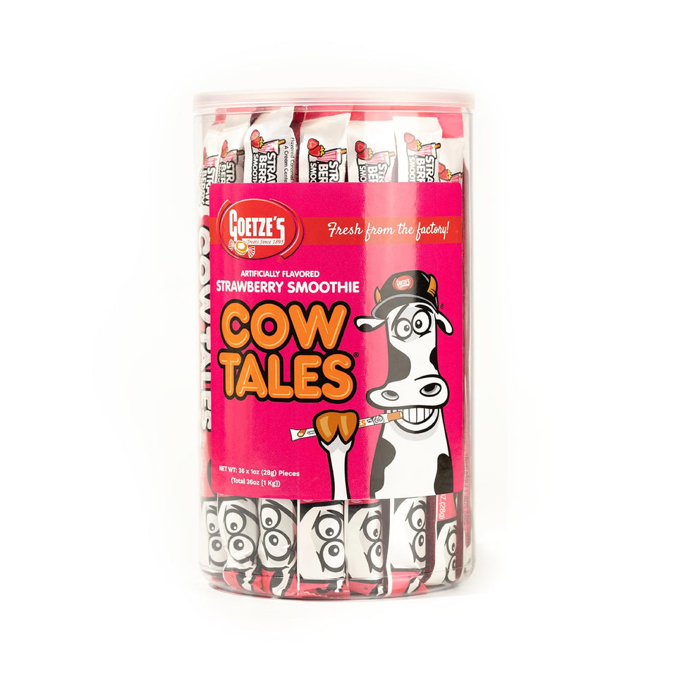 Goetze's Strawberry Smoothie Cow Tales packaging shows factory freshness for gifting.