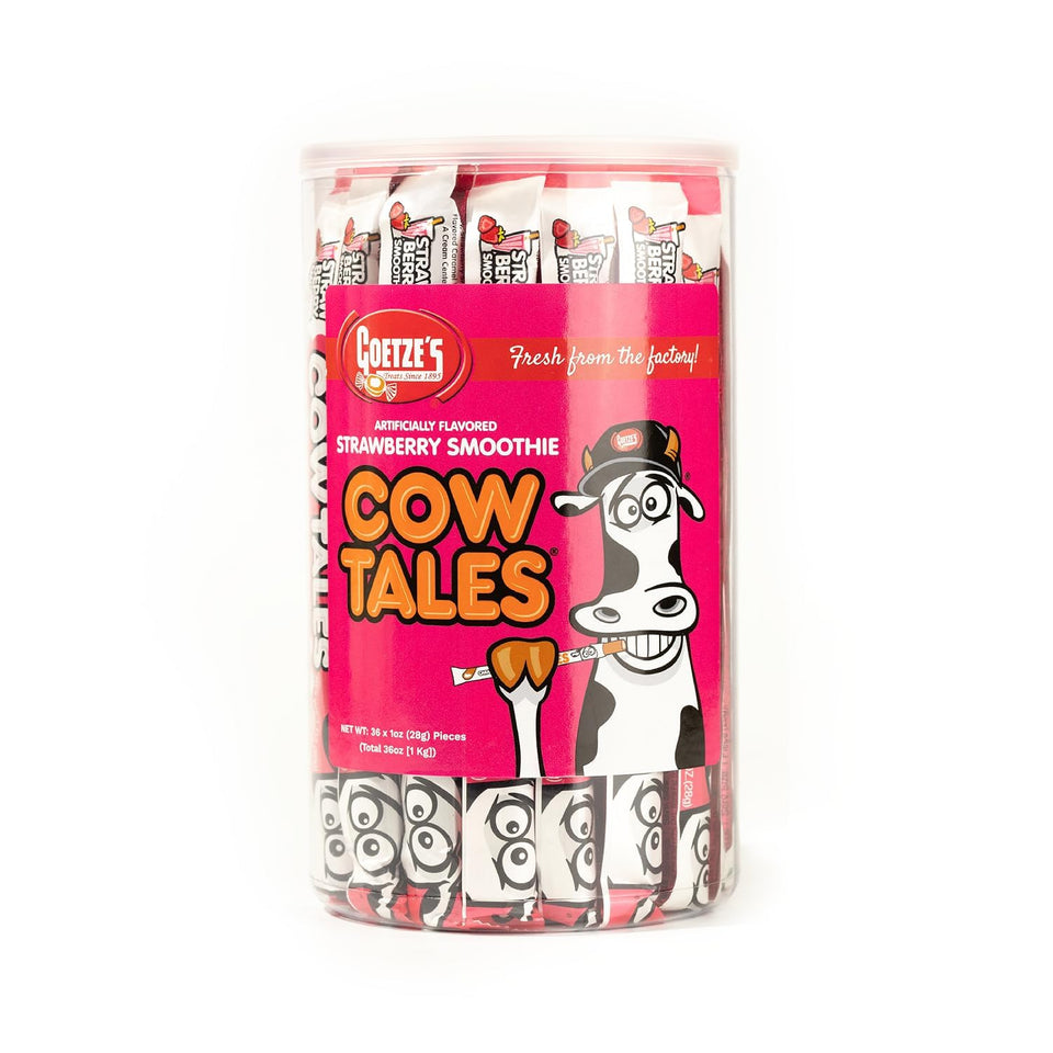 Goetze's Strawberry Smoothie Cow Tales packaging highlights freshness from the factory.