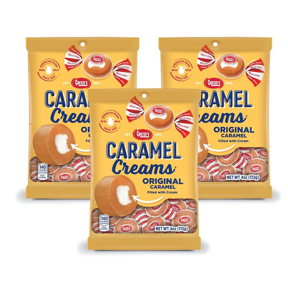 Goetzes Vanilla Caramel Creams 4 oz bags front view shows fresh factory quality