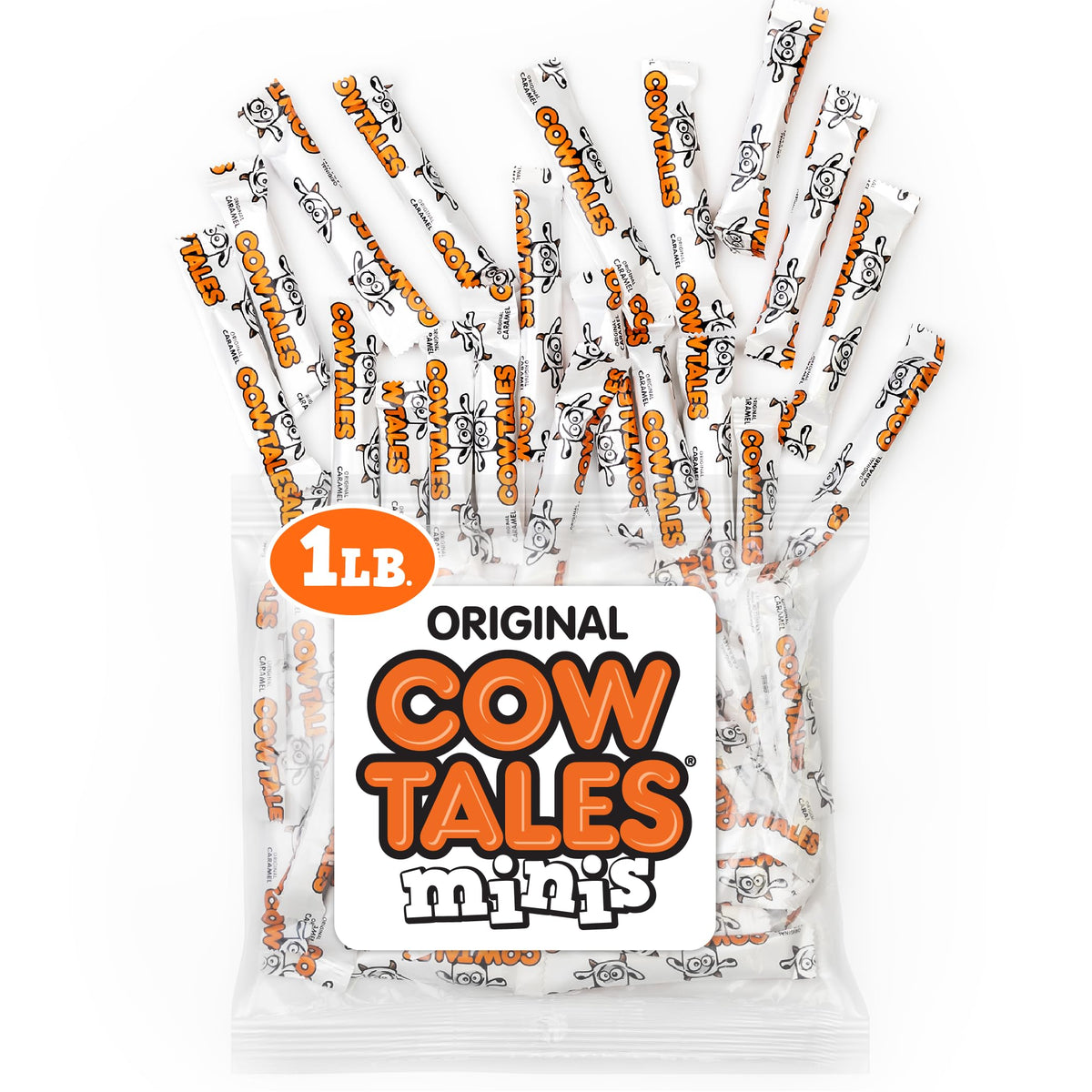 Goetze's Vanilla Cow Tales Minis bag shown, fresh caramel treats perfect for sharing at gatherings.
