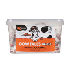 Goetze's Vanilla Cow Tales Minis tub front showing fresh factory packaging for quick party snacks.