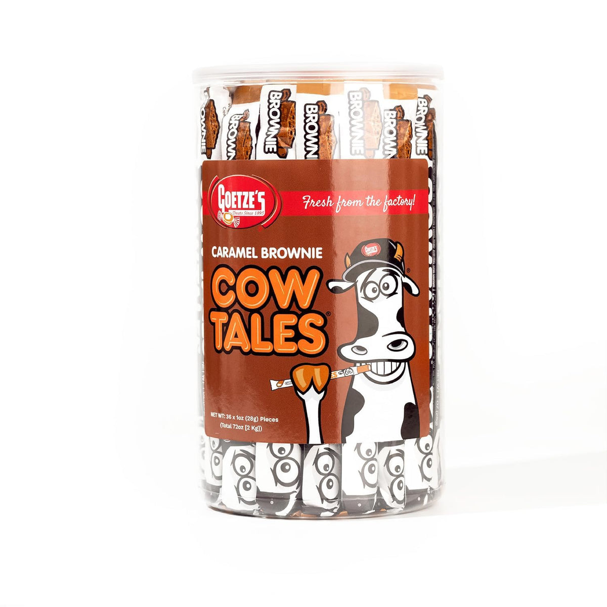 Goetze's Caramel Brownie Cow Tales factory-sealed canister ideal for gifting