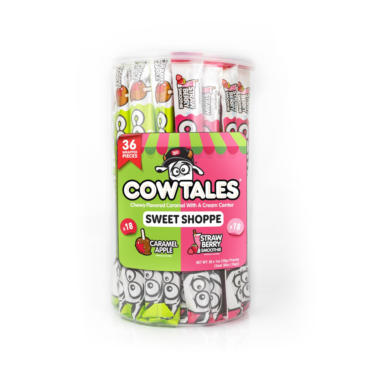 Goetze's Cow Tales Strawberry Smoothie canister showing creamy center ideal for nostalgic snacking.