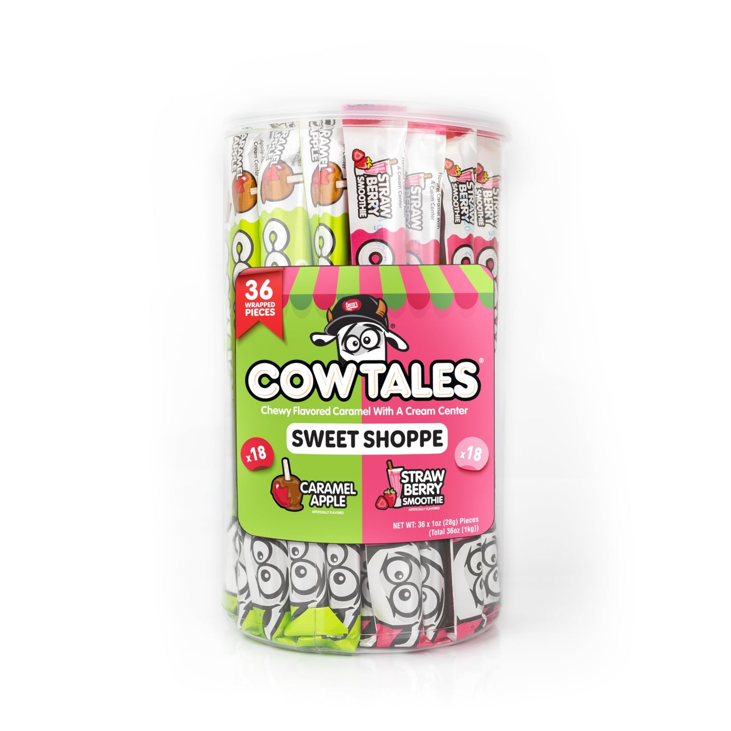 Goetze's Cow Tales Strawberry Smoothie canister showing creamy center ideal for nostalgic snacking.