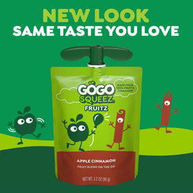 GoGo squeeZ Apple Cinnamon pouch open showing built-in straw for sipping on the go.