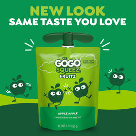 GoGo SqueeZ apple-strawberry-banana pouch close-up shows real fruit