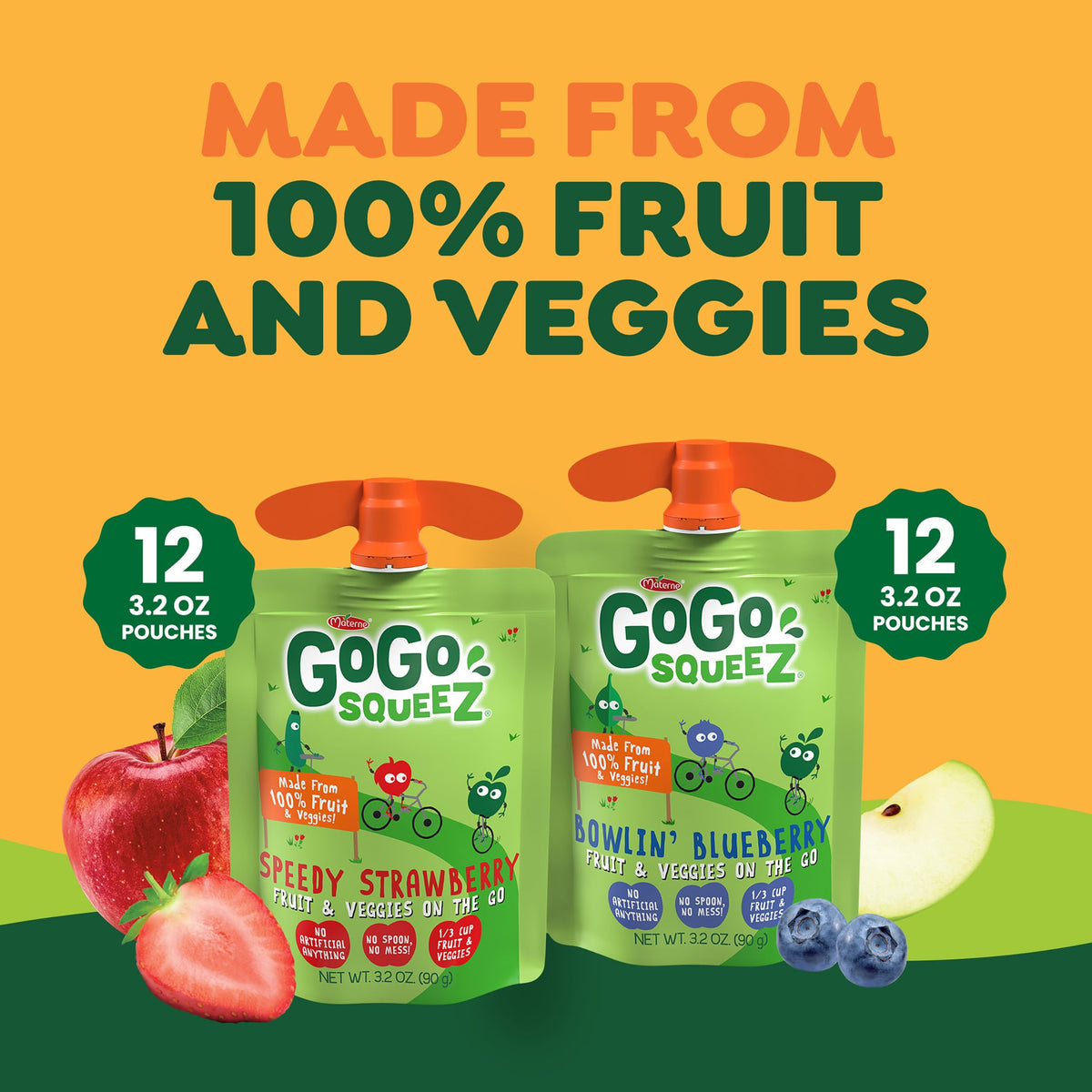 GoGo squeeZ apple-strawberry-zucchini and apple-blueberry-spinach flavors show real fruit and veggie blend