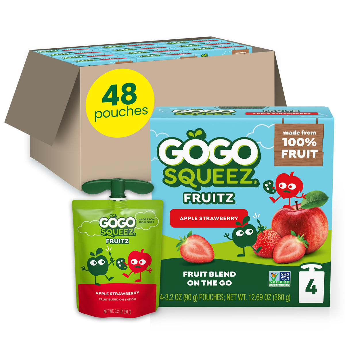 GoGo squeeZ Apple Strawberry pouch with built-in straw for mess-free on-the-go snacking.