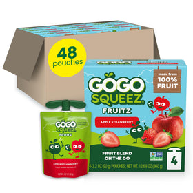 GoGo squeeZ Apple Strawberry pouch with built-in straw for mess-free on-the-go snacking.