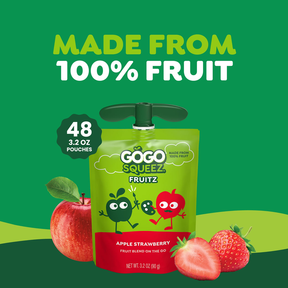 GoGo squeeZ Apple Strawberry pouch features a recloseable cap for resealing.