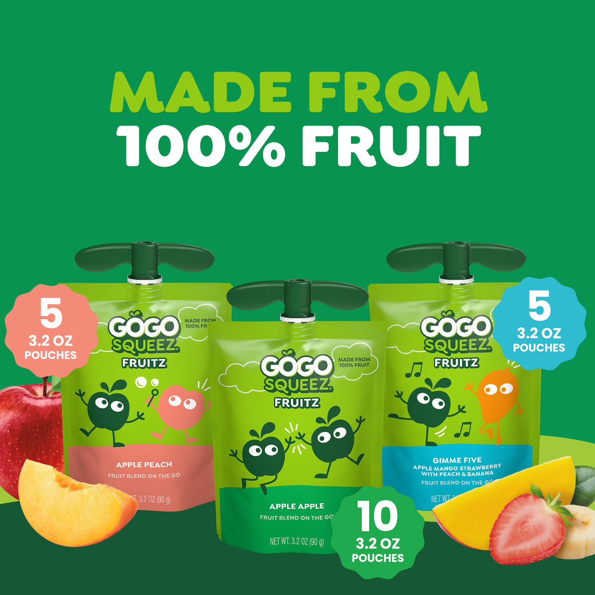 GoGo squeeZ Gimme Five pouch, five-fruit blend for tasty variety on the go.