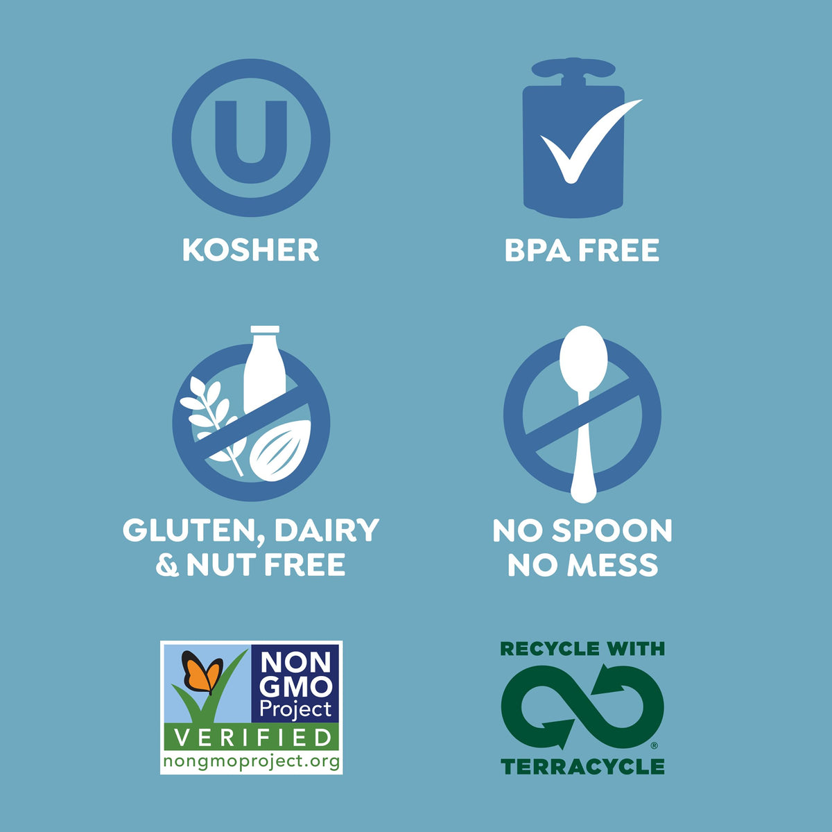 Gluten-free, dairy-free, nut-free, BPA-free packaging ensures safe snacks