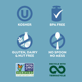 Gluten-free, dairy-free, nut-free, BPA-free packaging ensures safe snacks