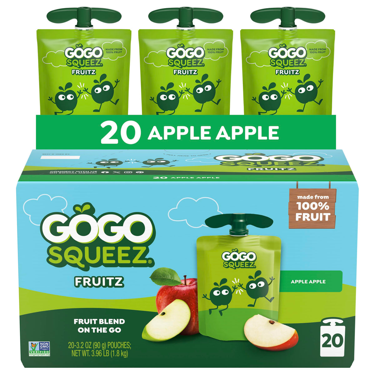 GoGo SqueeZ no sugar added applesauce pouch for on-the-go snacking.
