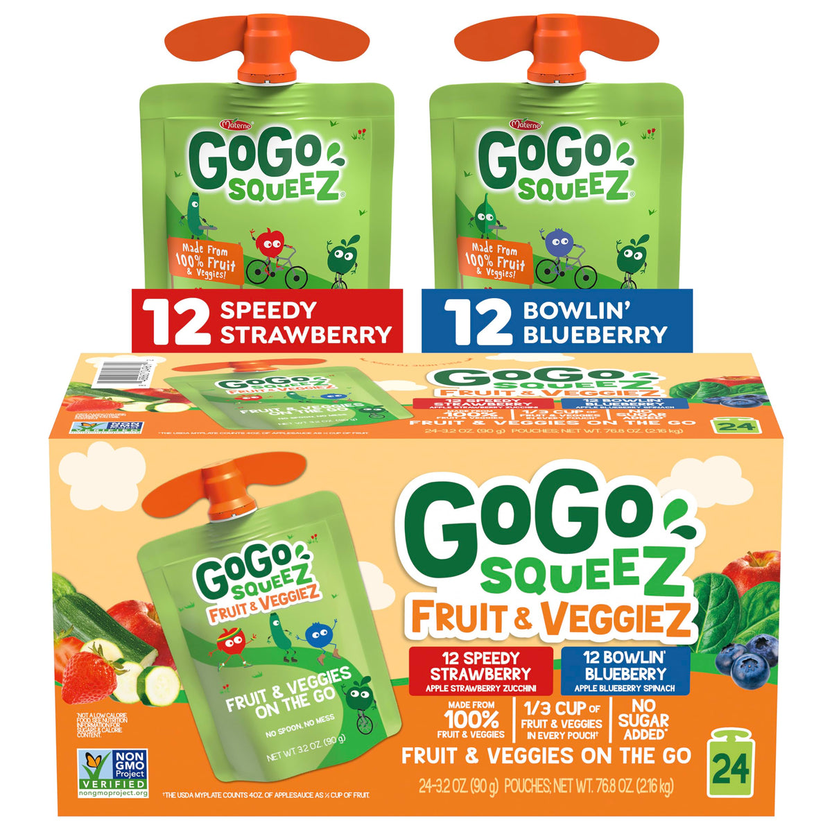 GoGo squeeZ no sugar added Speedy Strawberry and Bowlin' Blueberry pouches for on-the-go snacking