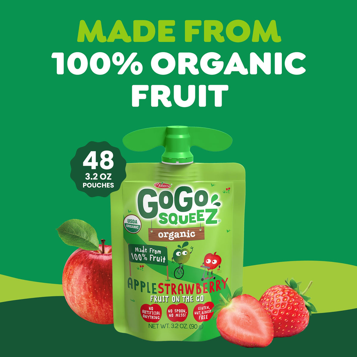 GoGo squeeZ organic fruit purée apple strawberry pouch close-up showing clean-label snack