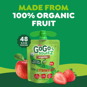 GoGo squeeZ organic fruit purée apple strawberry pouch close-up showing clean-label snack