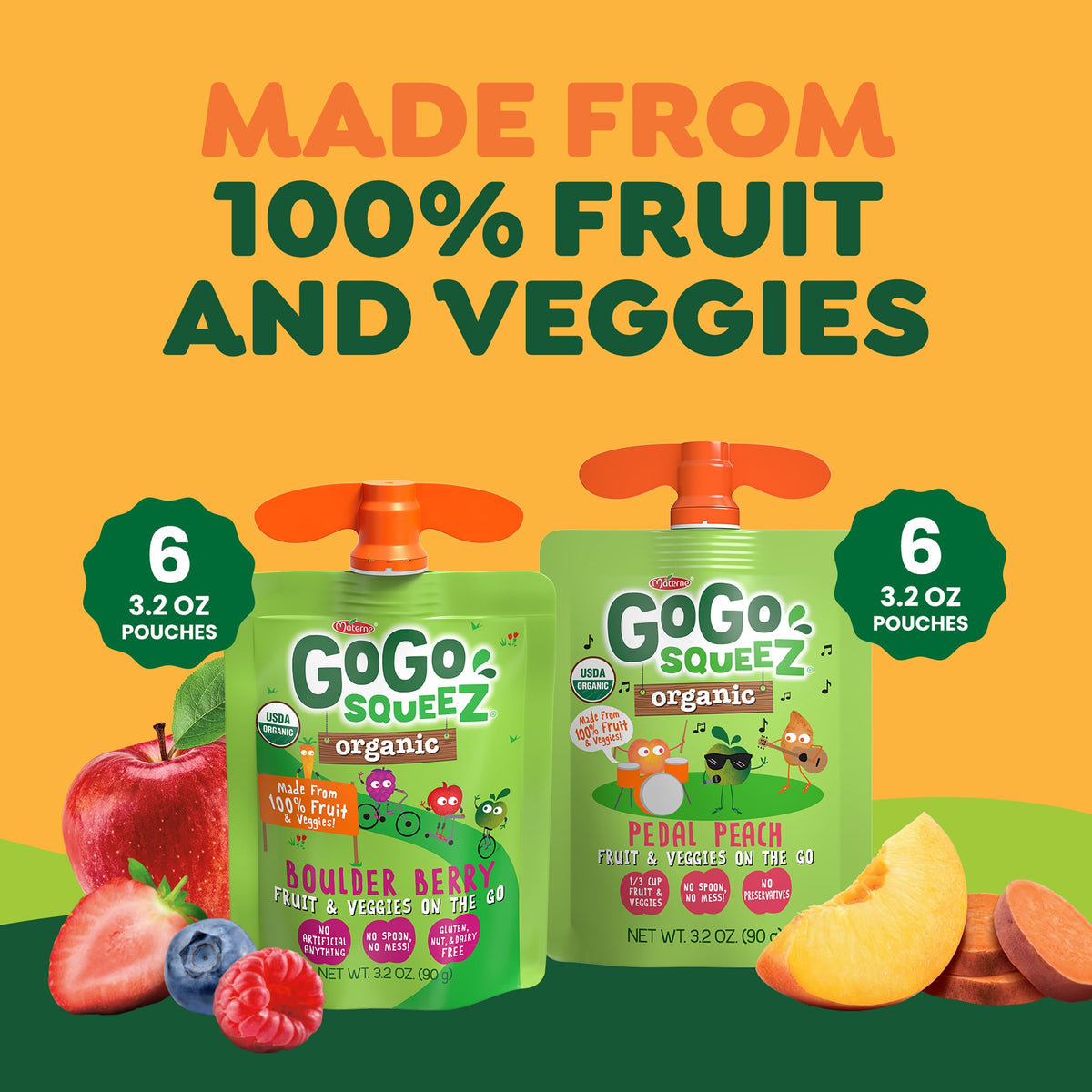 GoGo SqueeZ Pedal Peach pouch ready for taste, kid-friendly snack
