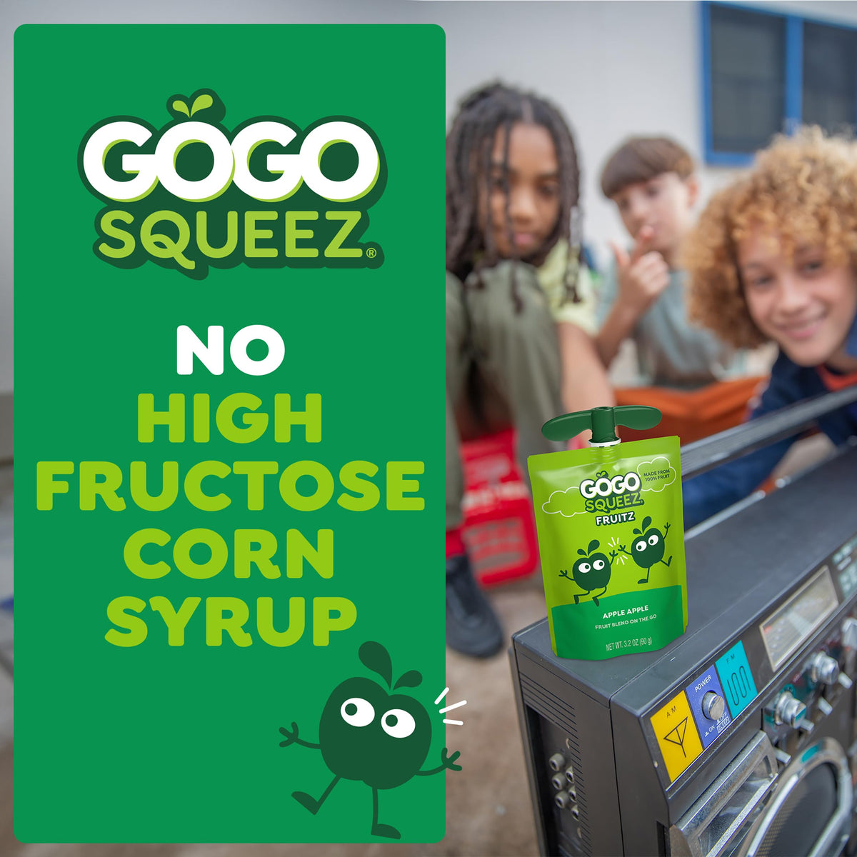GoGo squeeZ pouch cap open, mess-free snack in school bags.