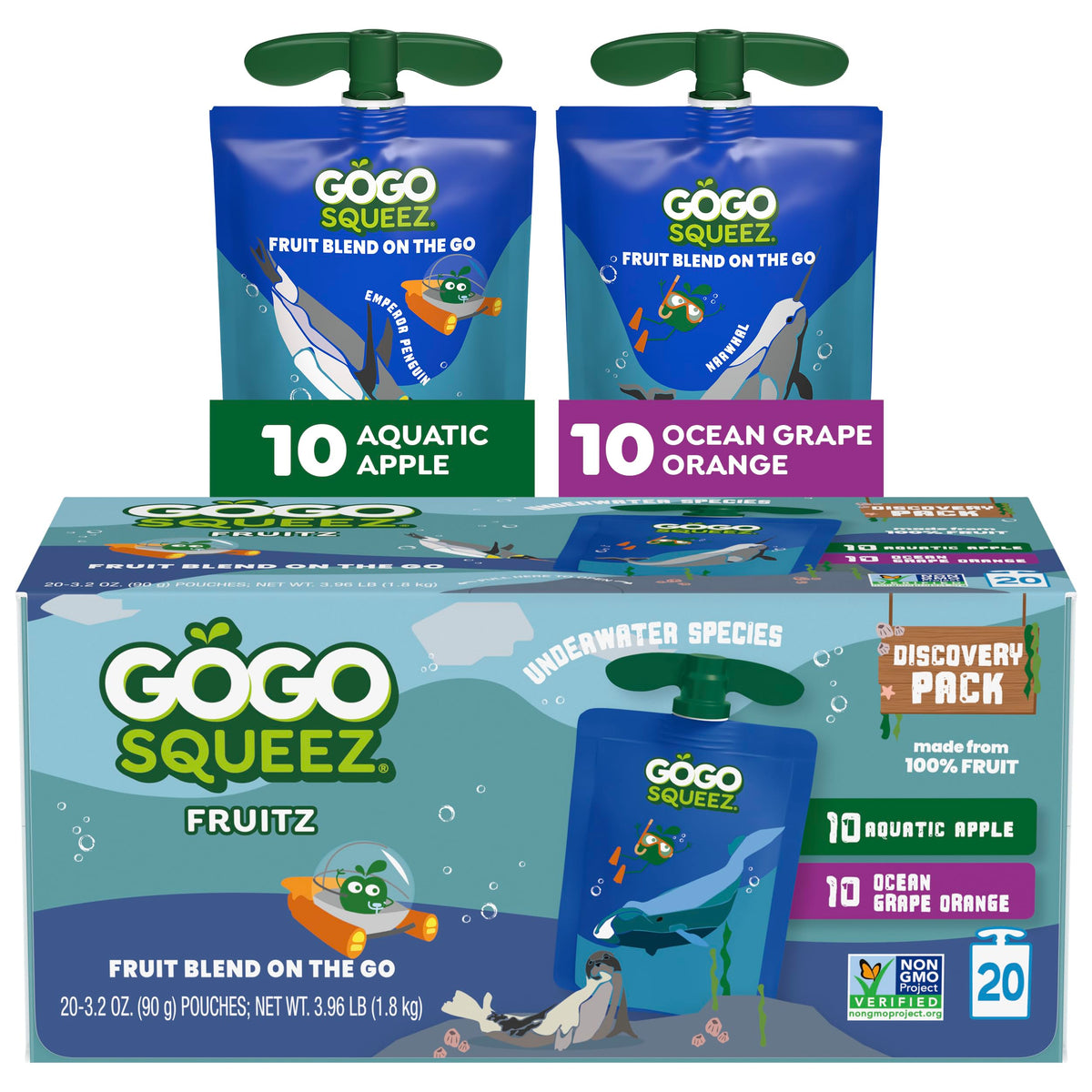 GoGo squeeZ Aquatic Apple pouch featuring 100% fruit; convenient lunchbox snack