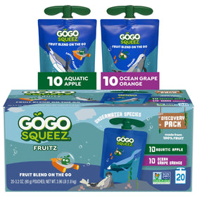 GoGo squeeZ Aquatic Apple pouch featuring 100% fruit; convenient lunchbox snack