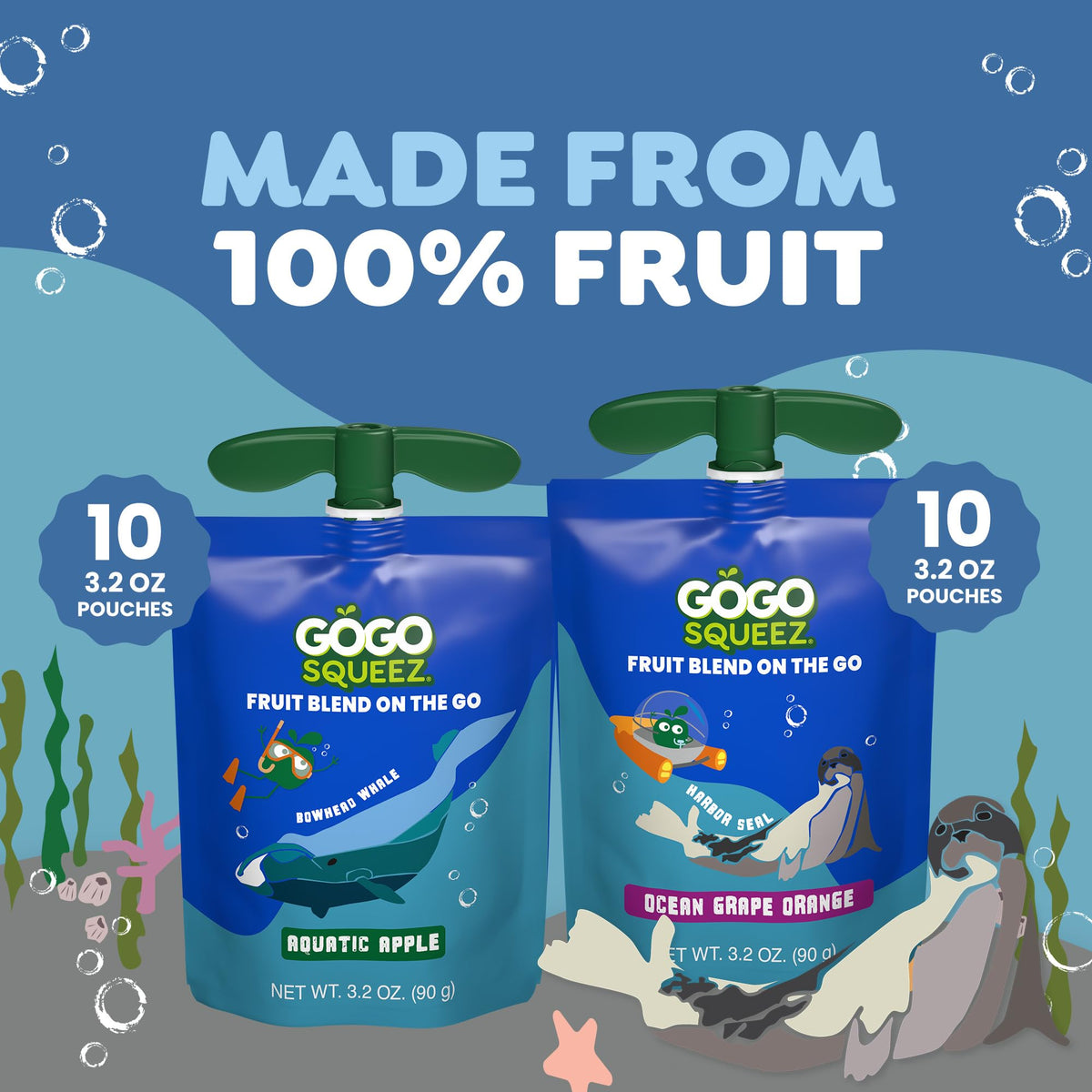 GoGo squeeZ Ocean Grape Orange pouch; no added sugar, portable fruit snack