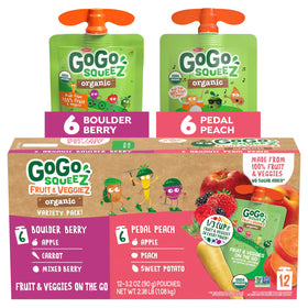 GoGo SqueeZ Organic Fruit & VeggieZ variety-pack in lunchbox for on-the-go fruit and veggie snacks