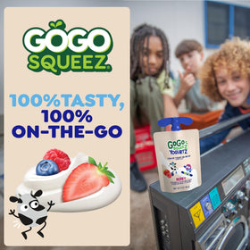 GoGo squeeZ yogurtZ pantry-friendly packaging on kitchen shelf