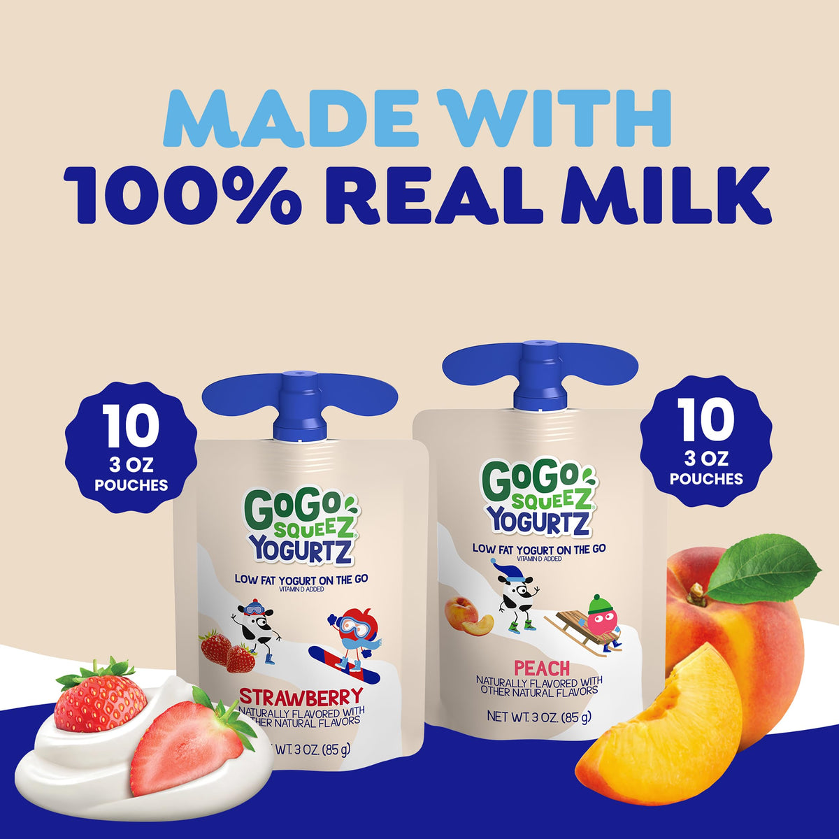 GoGo SqueeZ YogurtZ Peach pouch with peachy flavor for easy, portable snacking.