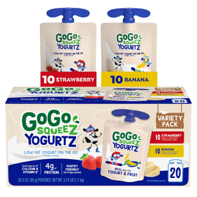 GoGo squeeZ yogurtZ strawberry-banana pouch for on-the-go snacking.
