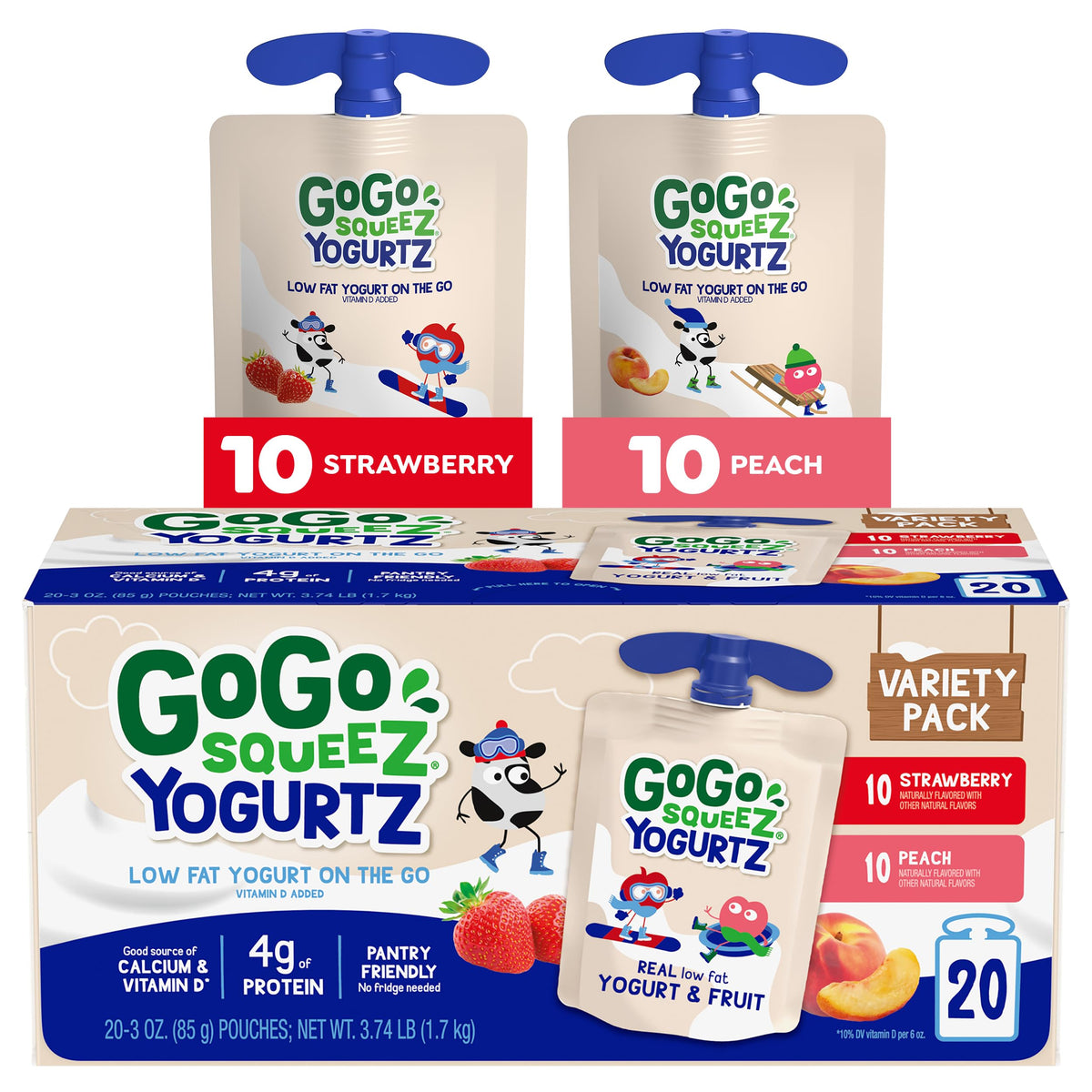 GoGo SqueeZ YogurtZ Strawberry pouch for creamy, on-the-go snacking.