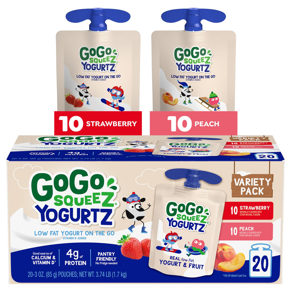 GoGo SqueeZ YogurtZ Strawberry pouch for creamy, on-the-go snacking.