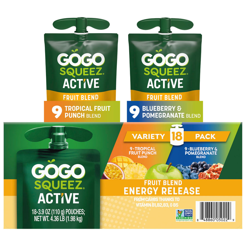 GoGo squeeZ Active Energy Release tropical punch pouch for pre-workout fuel