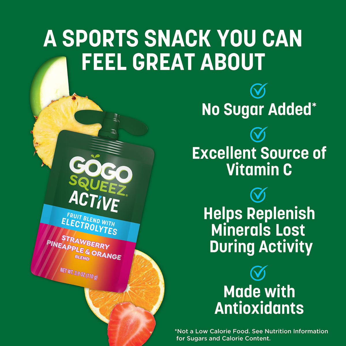 GoGo SqueeZ Active Fruit Blend with Electrolytes apple-lemon concentrate pouch highlighting gluten-free, Non-GMO benefits
