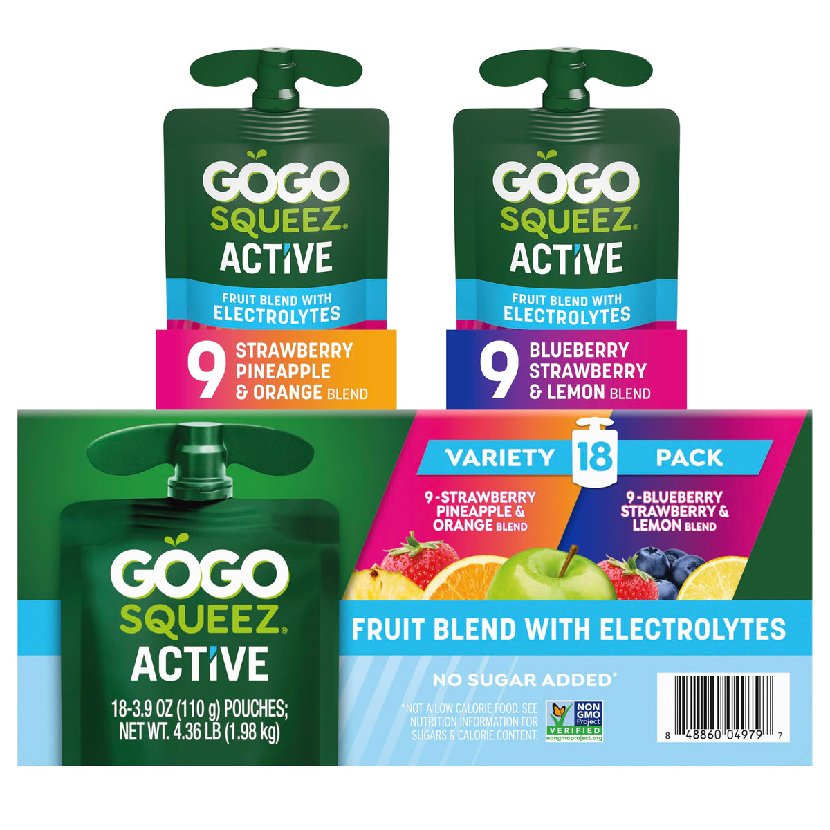 GoGo SqueeZ Active Fruit Blend with Electrolytes pouch featuring blueberry-strawberry-lemon flavor for quick energy