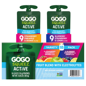 GoGo SqueeZ Active Fruit Blend with Electrolytes pouch featuring blueberry-strawberry-lemon flavor for quick energy