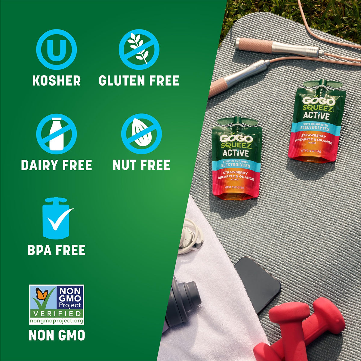 GoGo SqueeZ Active Fruit Blend with Electrolytes BPA-free packaging on pantry shelf