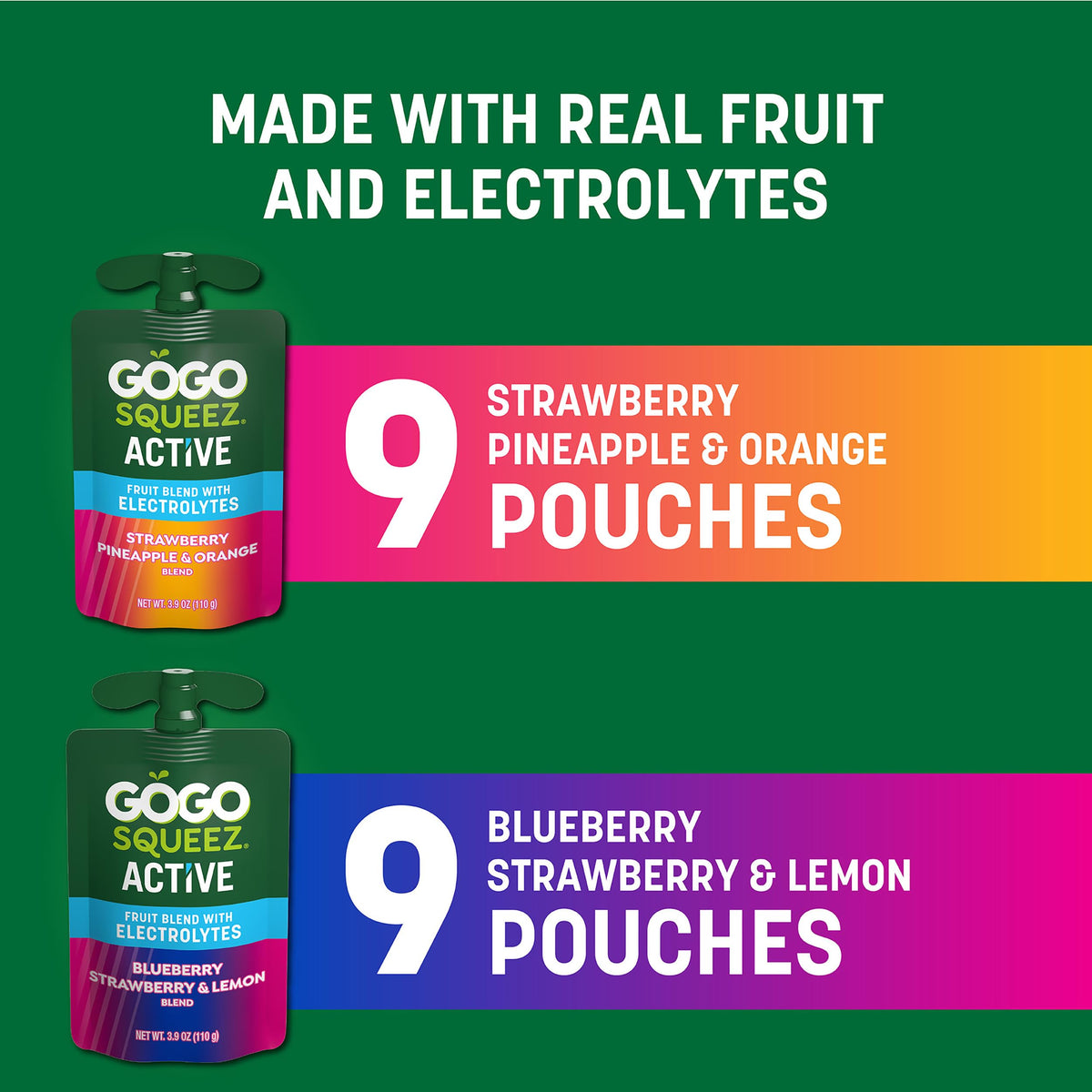 GoGo SqueeZ Active Fruit Blend with Electrolytes on-the-go snack pack for sports practice