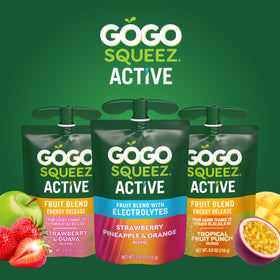 GoGo SqueeZ Active Fruit Blend with Electrolytes shelf-stable pouch for hiking or car trips