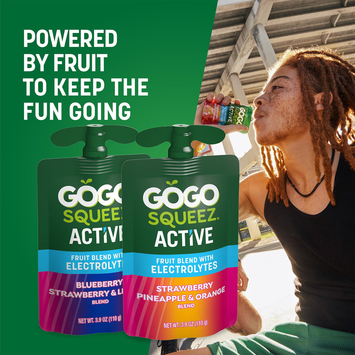 GoGo SqueeZ Active Fruit Blend with Electrolytes strawberry-pineapple-orange pouch ideal for on-the-go snacking