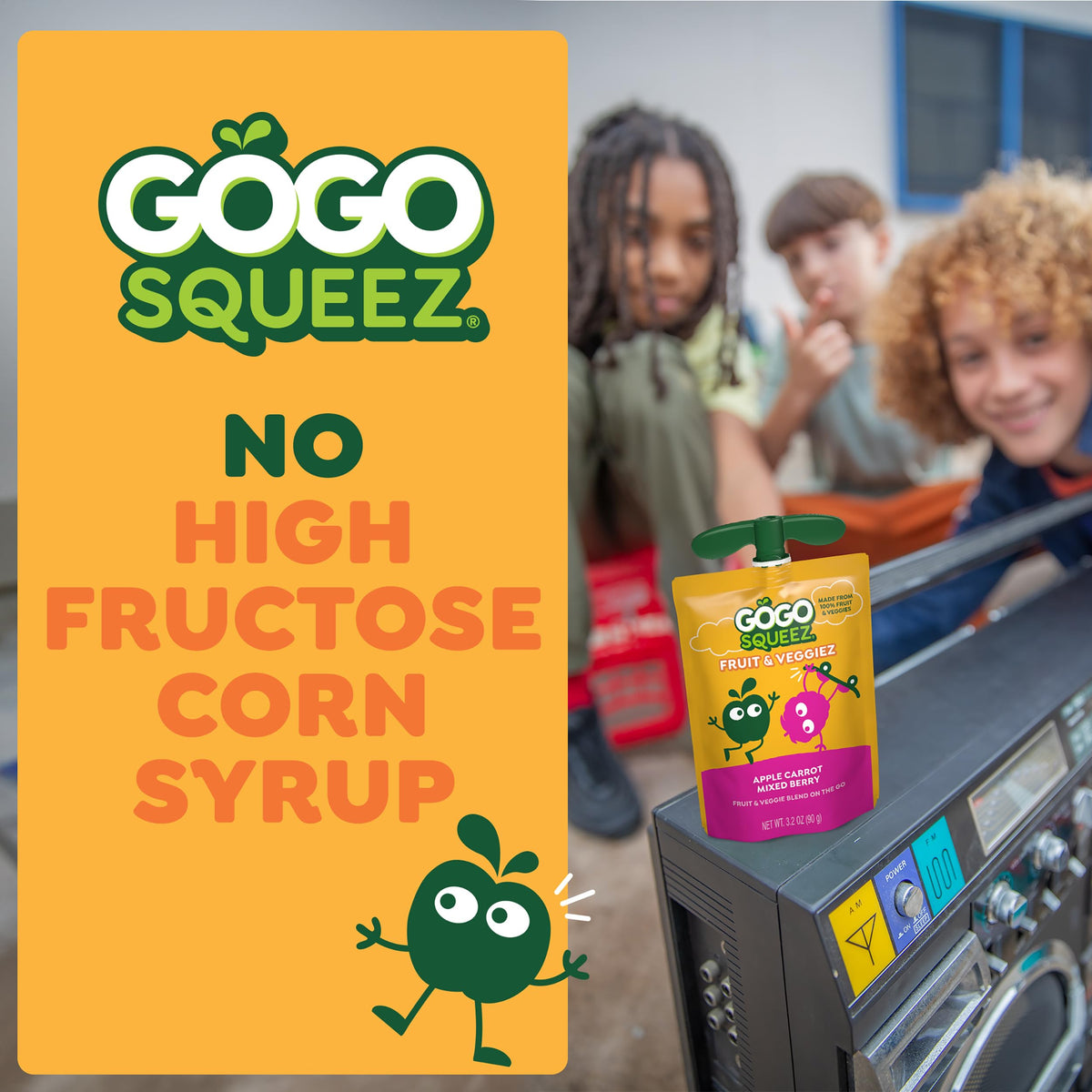 GoGo squeeZ BPA-free pouch with built-in cap for mess-free snacking.