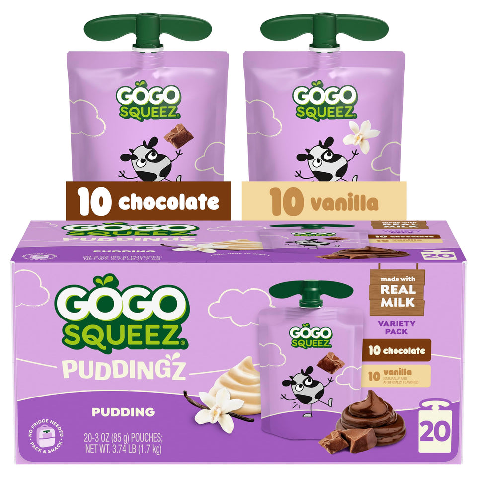 GoGo SqueeZ PuddingZ chocolate pouch for on-the-go, mess-free snacking.