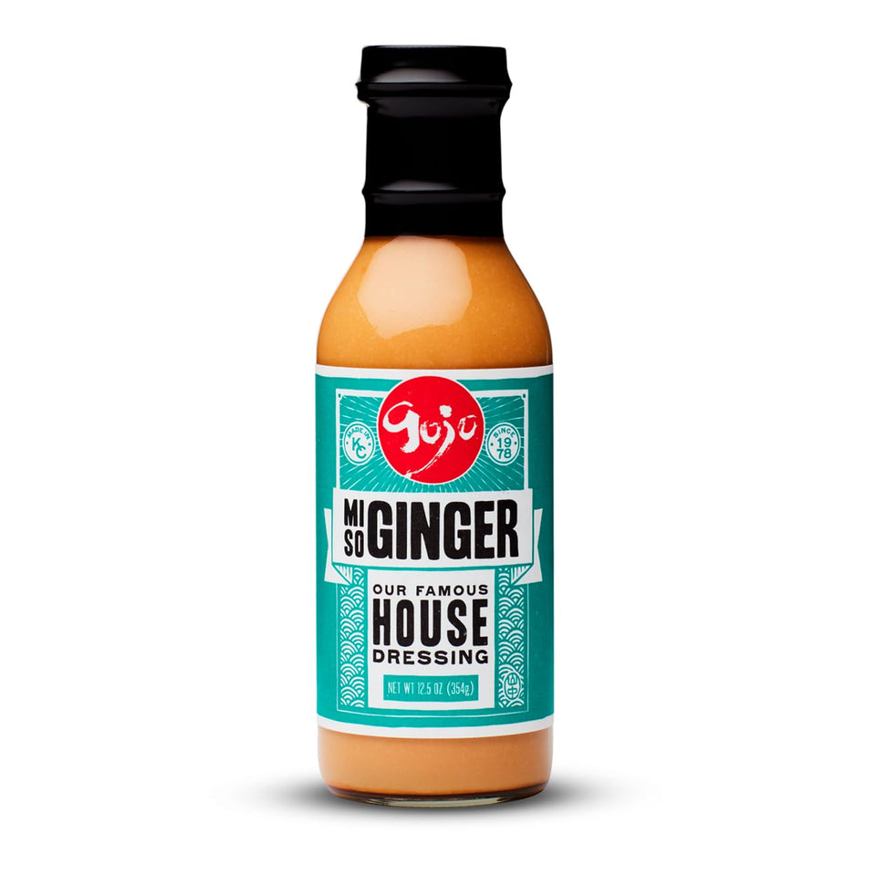 Gojo Miso Ginger Dressing bottle front highlighting authentic hibachi flavor for at-home meals.