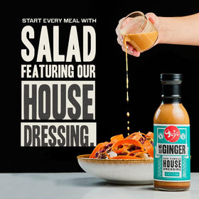 Gojo Miso Ginger Dressing being poured, versatile for salads and bowls.