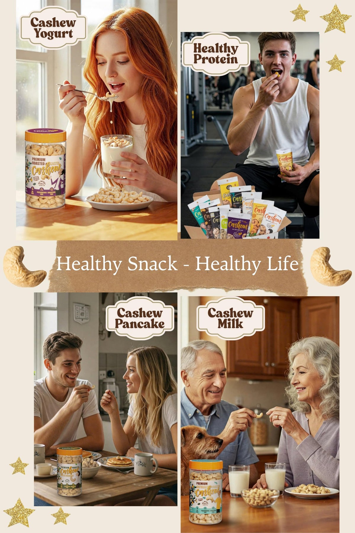 Gold Cashew on-the-go packs for portable, mess-free snacking.