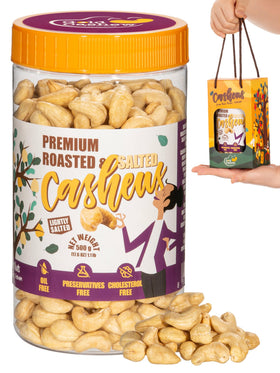 Gold Cashew roasted lightly salted in jar for pantry freshness and convenient snacking.